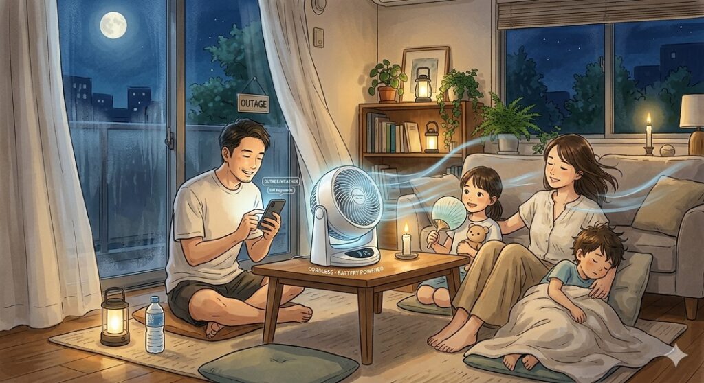 急な停電時もコードレスサーキュレーターなら使えます。