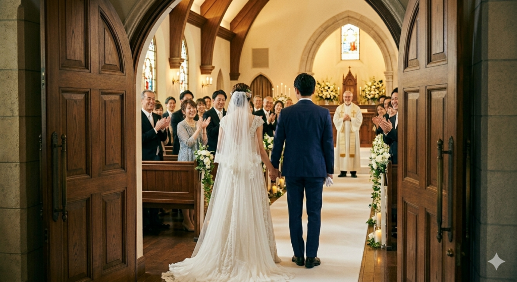 結婚式で入場する新郎新婦の後ろ姿。参列者から祝福されている。